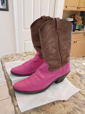 Ariat Brown Leather Shaft Hot Pink Foot Cowboy Boots Rare! Show Stopping! 10